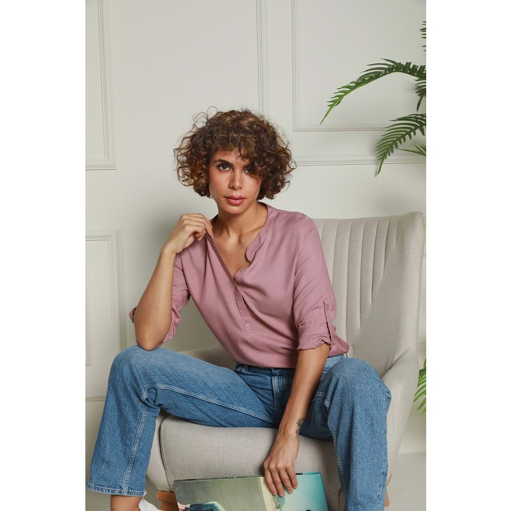 Gül Kurusu Hakim Yaka Yarım Patlı Viskon Gömlek 1500064