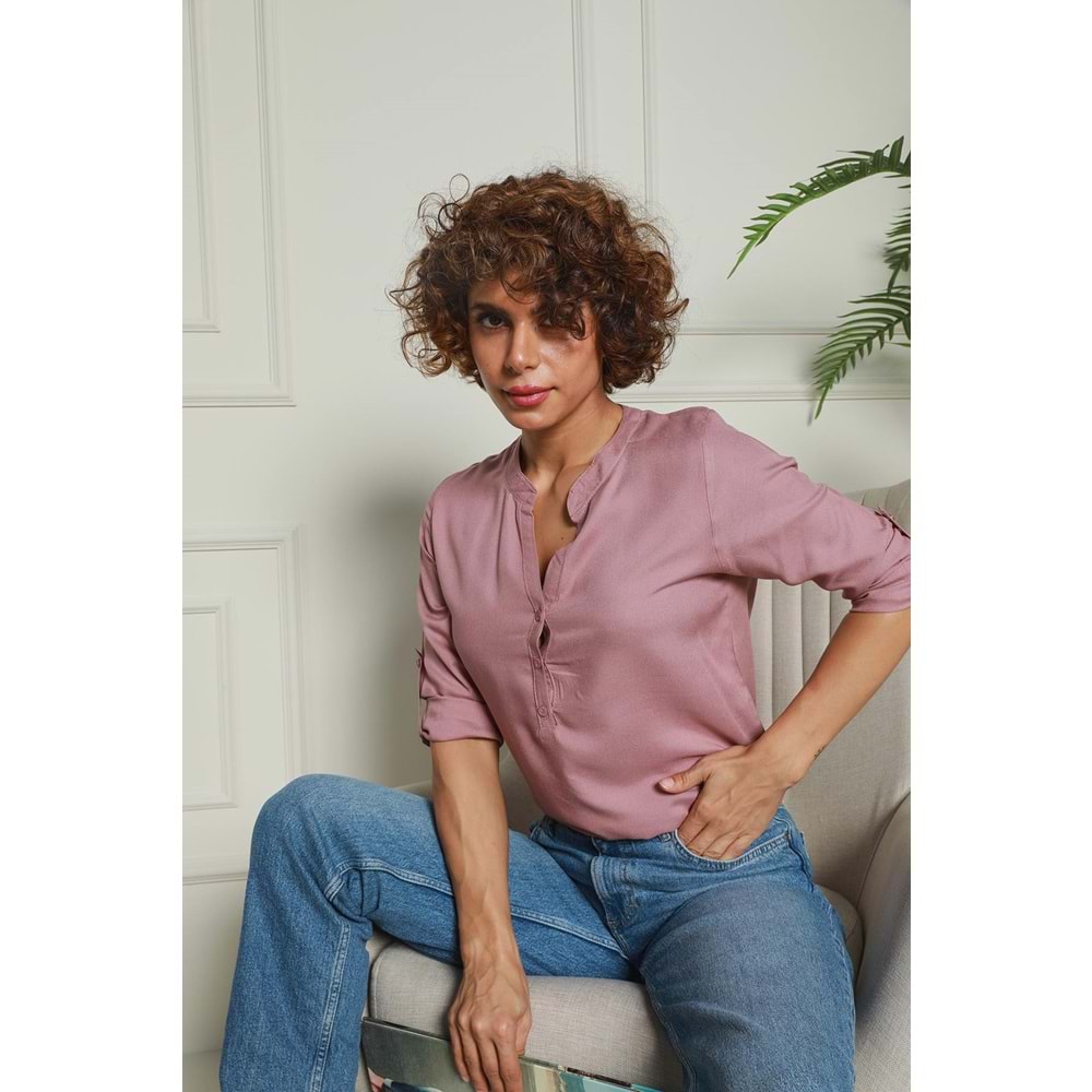 Gül Kurusu Hakim Yaka Yarım Patlı Viskon Gömlek 1500064