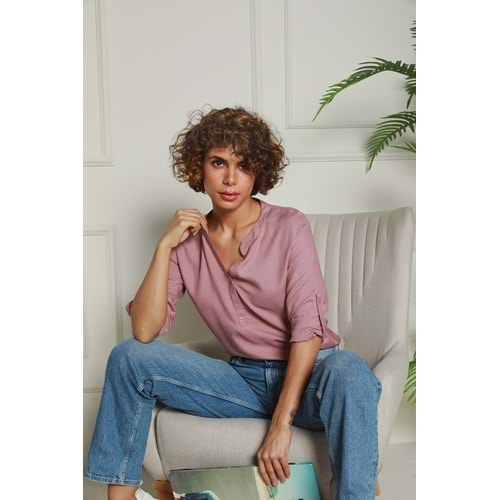 Gül Kurusu Hakim Yaka Yarım Patlı Viskon Gömlek 1500064